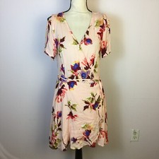 Lulus Cherished Love Mini Wrap Dress Sz M Womans Pink Floral Short Sleeve Rayon