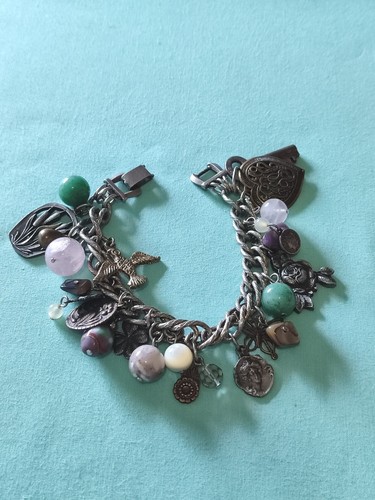 Vintage Loaded Dangle Charm Starter Bracelet Silver Plate Pewter Art Glass Stone