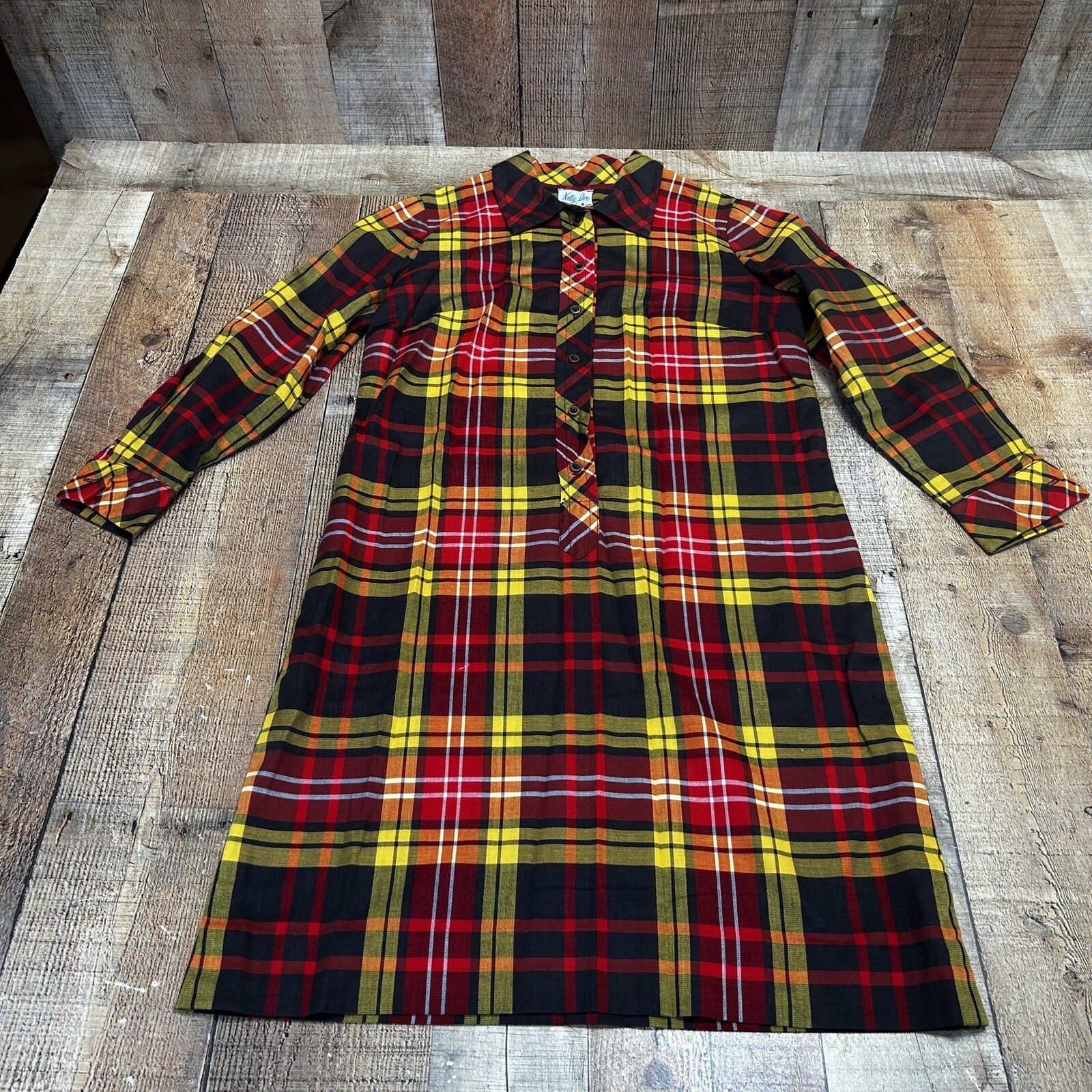 Vintage 60s Nelly Don Plaid Retro Long Sleeve Shirt Dress See Measurements (L)