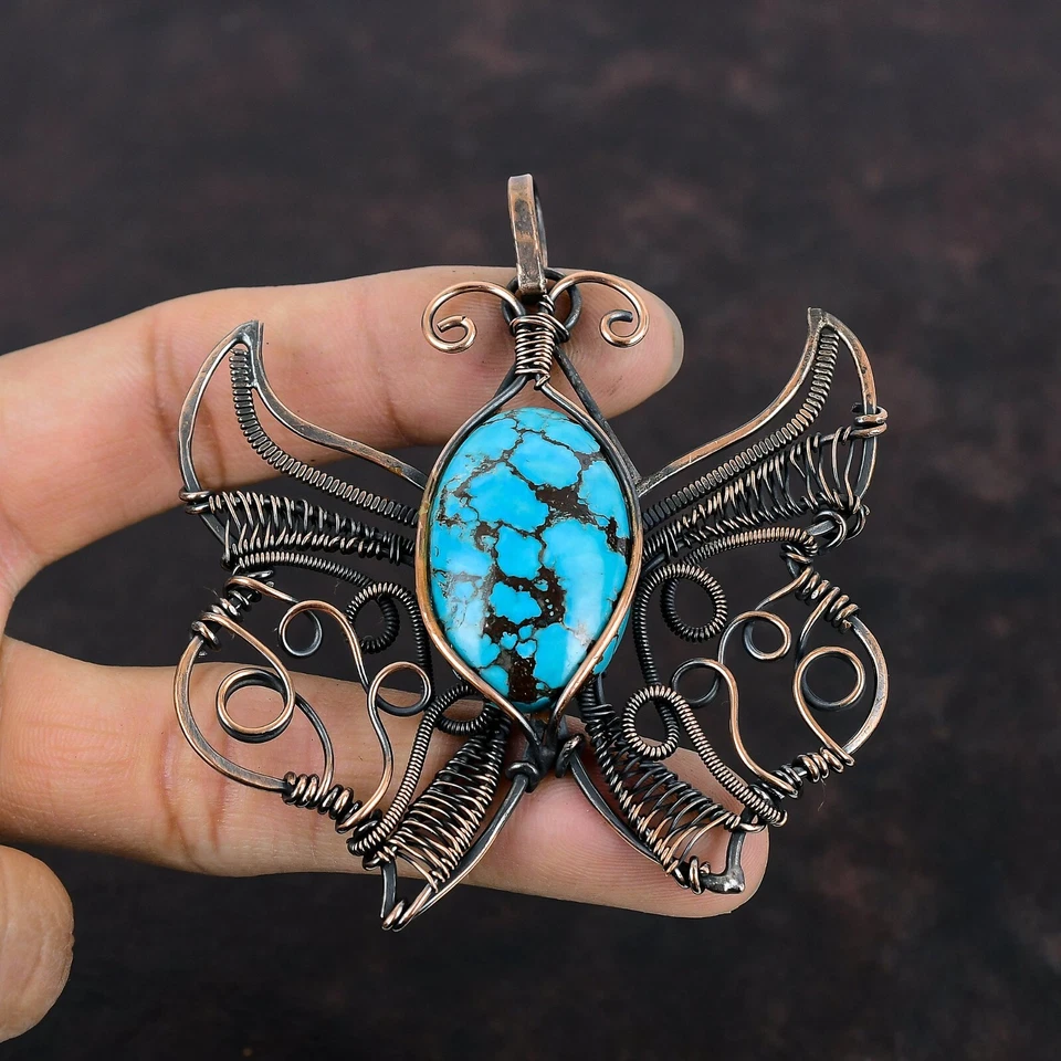 Copper Tibetan Turquoise Gemstone Wire Wrapped Butterfly Anniversary New Pendant - Image 2 of 4