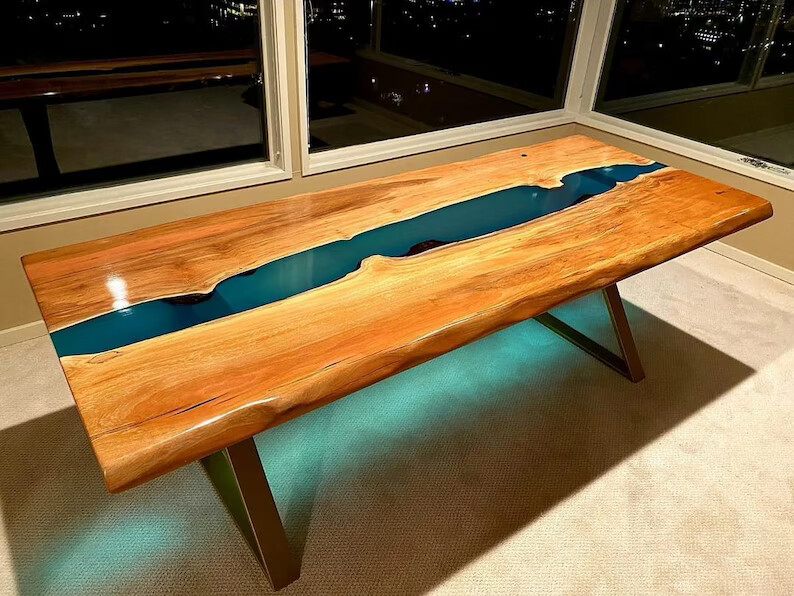 Blue Clear Epoxy Resin Dining Table Top, Epoxy Wooden Table Top, Furniture Decor