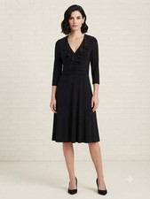Evan Picone Little Black Dress With Ruffled V Neck And Ruched Waist