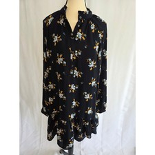 LOFT Black Floral Print Ruffle Hem Long Sleeve Mock Neck Mini Dress XS