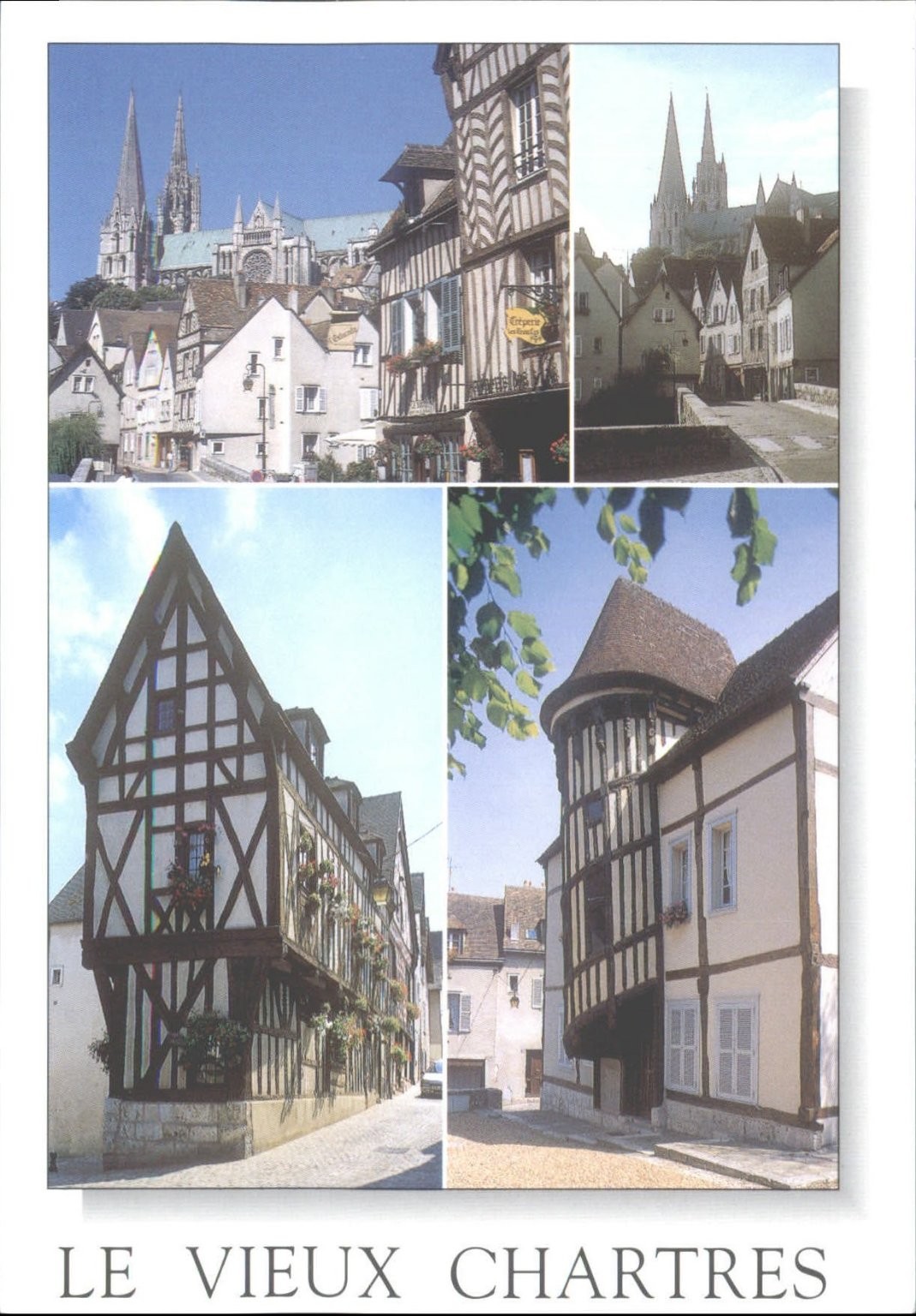 Old Chartres France Postcard - Historic Timber Frame Buildings & Cathedral