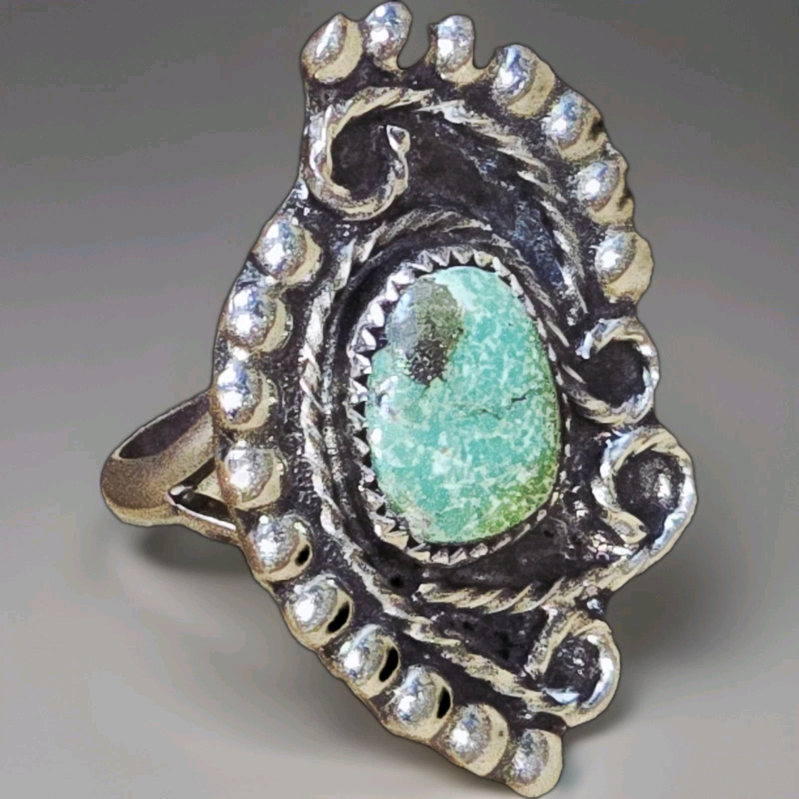 Vintage 925 Sterling FREEFORM TURQUOISE RING 5.5 RARE NAVAJO BLACKHAWK HANDMADE