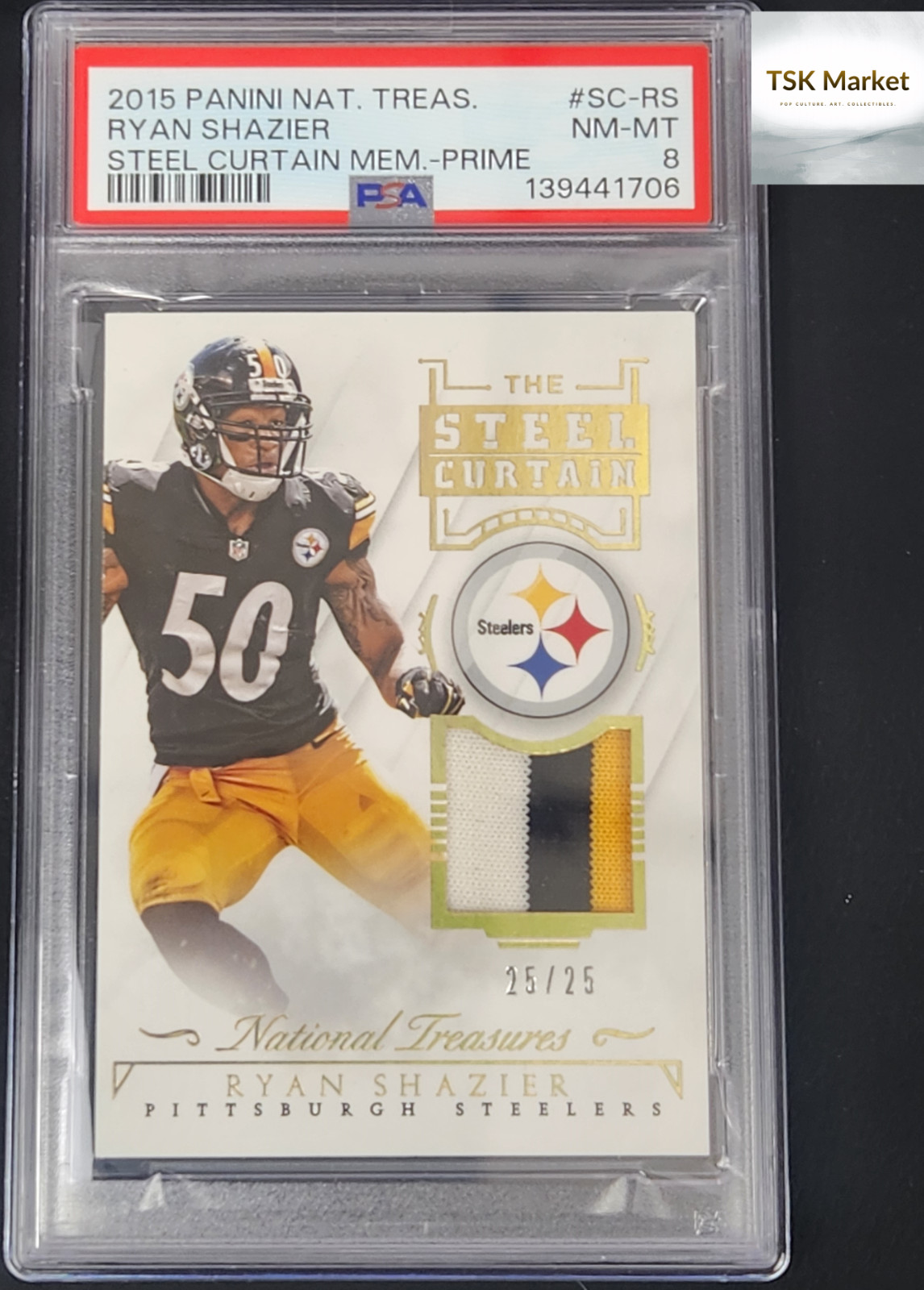 2015 Panini National Treasures Ryan Shazier Game‑Worn Patch #25/25  - PSA 8