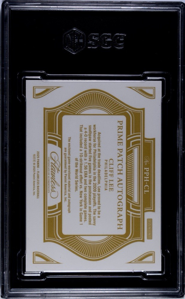 2025 Panini Flawless Cliff Lee Patch Auto #PPH-CL Emerald POP 5 (AU/MEM) SGC 9 view 2