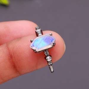 Authentic Natural Moonstone Hexagon Ring925 Sterling Silver Black Oxidized Jewelry