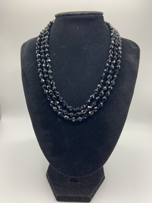 VTG Jet Black Austrian Crystal Faceted Beaded Multi Strand Necklace Signed
