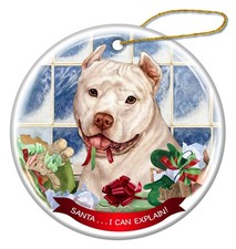 White Pit Bull Cropped Dog Porcelain Ornament Pet Gift 'Santa.. I Can Explain 