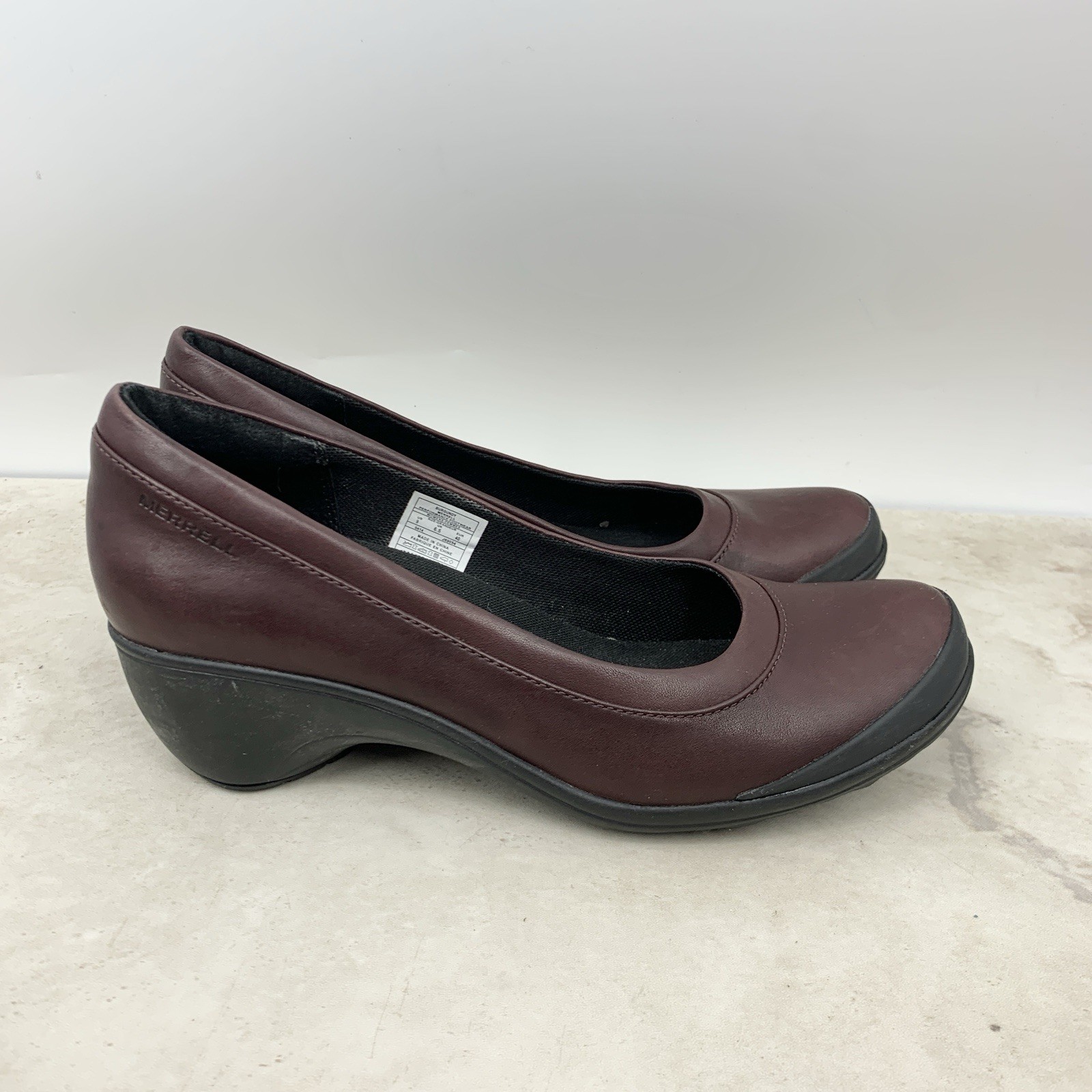 Scarpe Merrell donna taglia 9 zoccoli marrone bordeaux rosso pelle tacco slip on