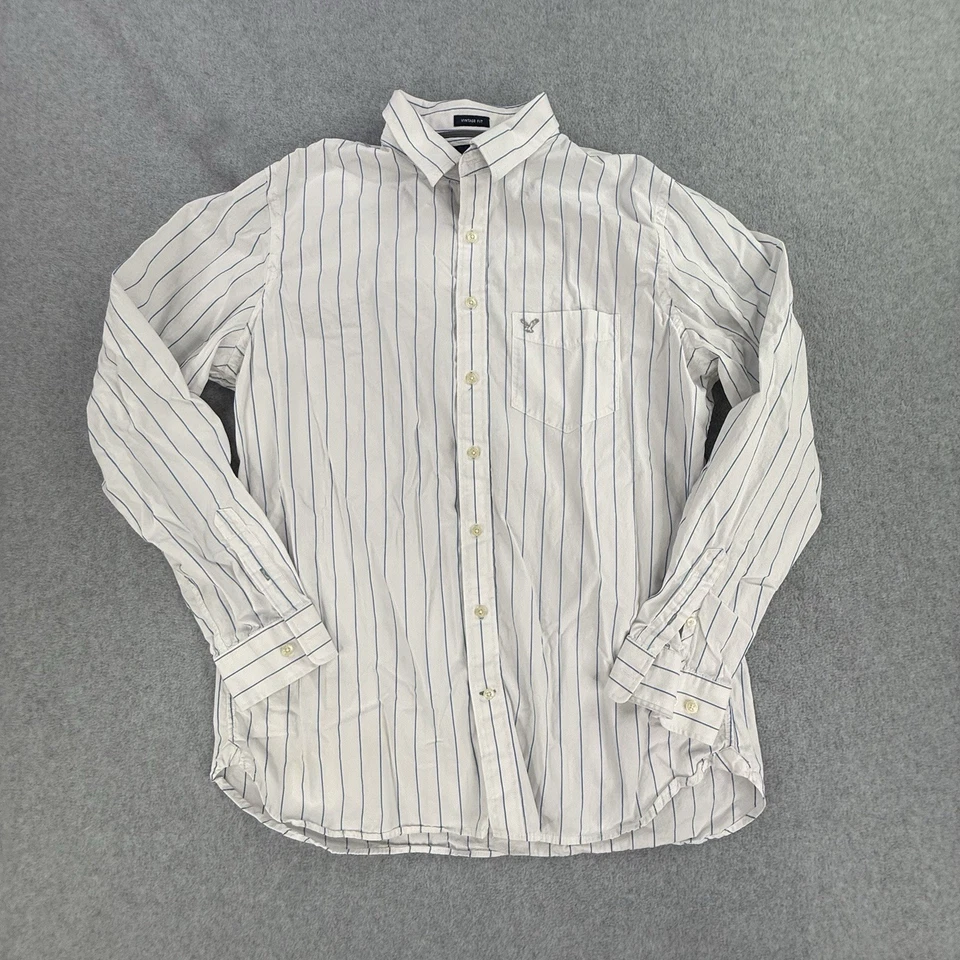 AEO American Eagle Long Sleeve Dress Shirt Men's XLT White Pin Stripe Cotton - Image 2 of 4