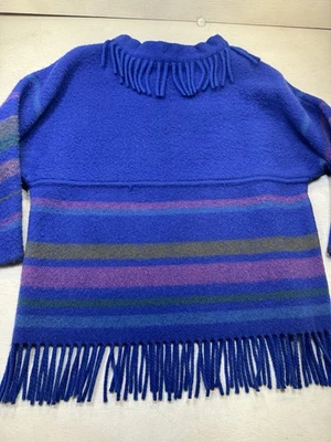 Vintage Lapp Lander Fringed Blanket Sweater Blue 100% Wool Norway 40 - Image 1 of 4