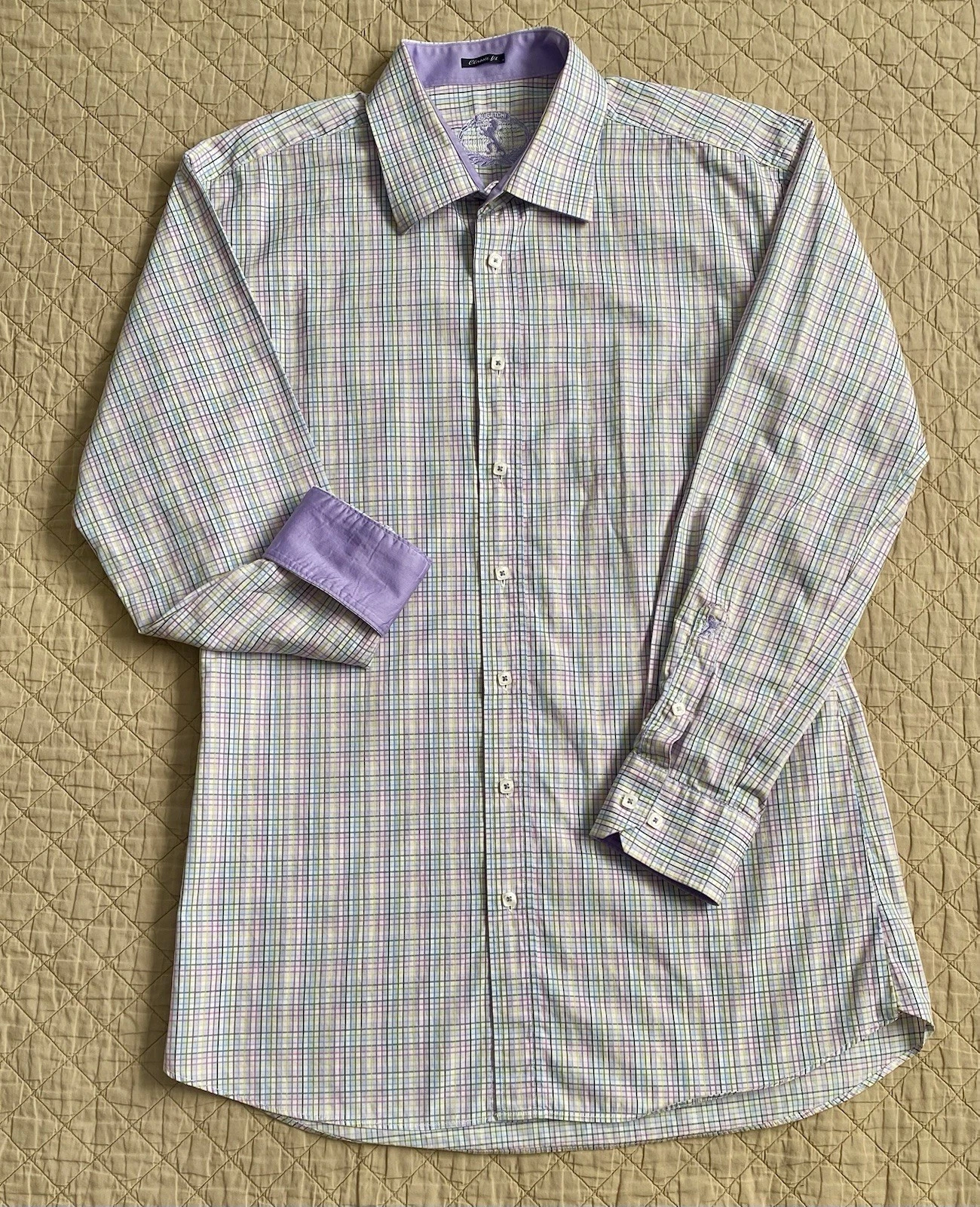 Bugatchi Mens Medium Shaped Fit Colorful Plaid Linen Blend Long Sleeve Button Up