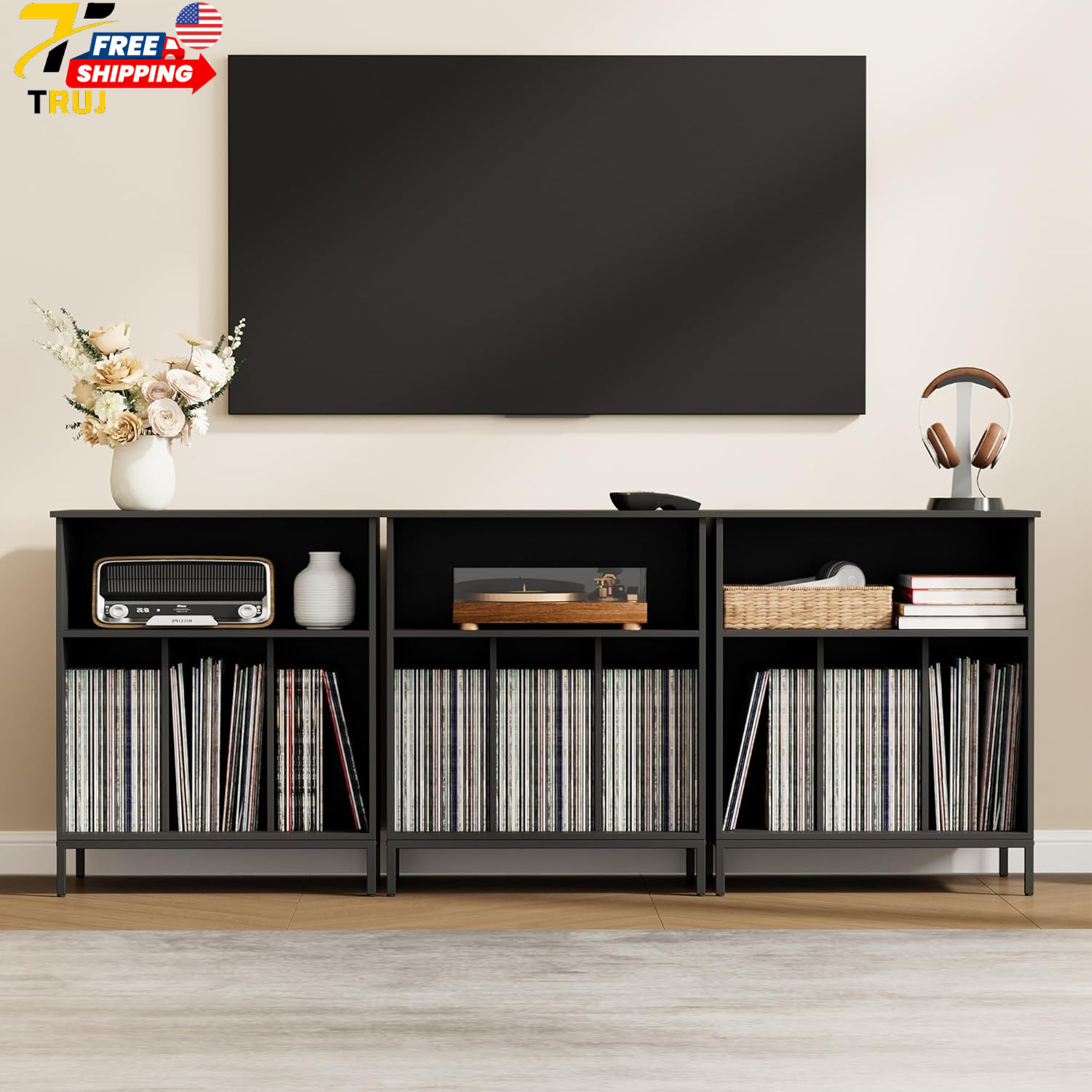 Record Player Stand Vinyl Storage Cabinet Large Record Holder Modern Stereo 23.6