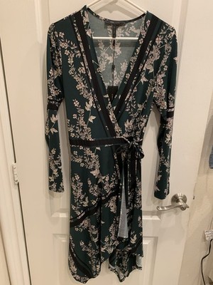 BCBG Max Azria Floral Asymmetrical Hem Wrap Dress Size M Green NWT
