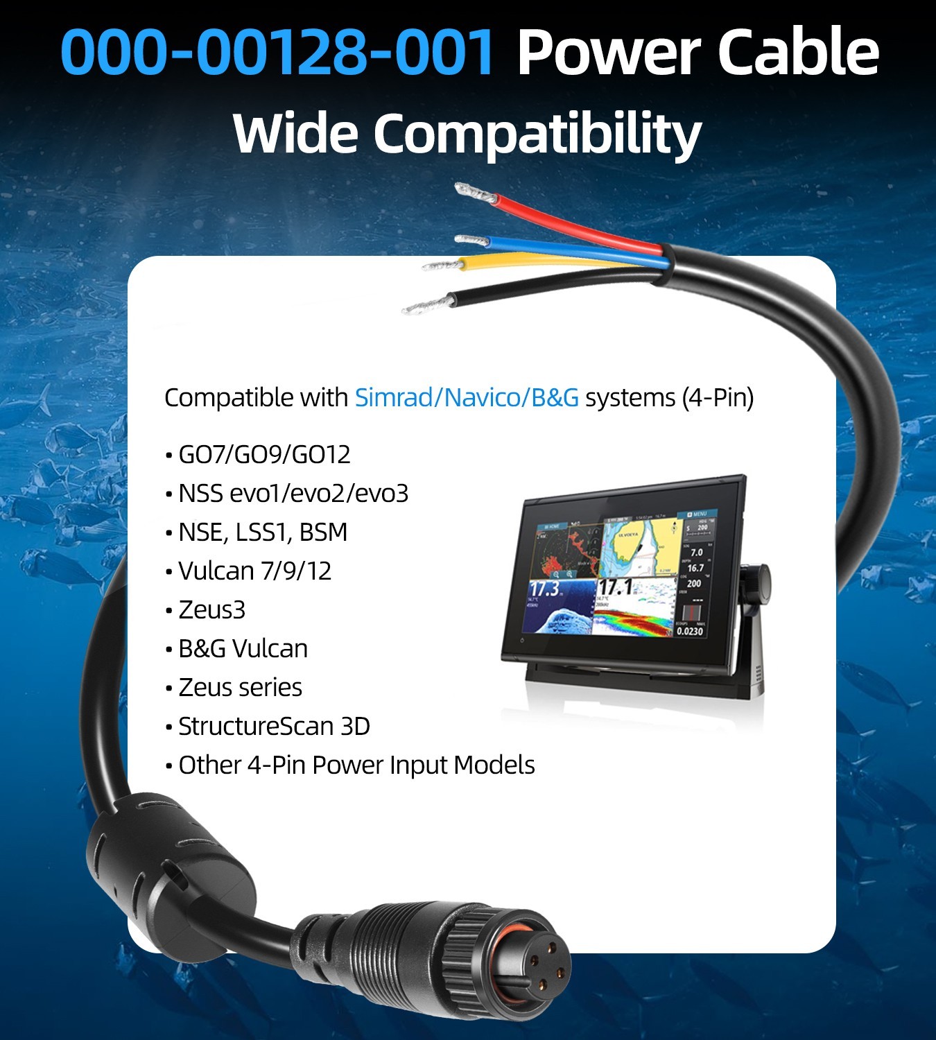 For Simrad Navico B&G 4-Pin Power Cable NSS EVO1, 2, 3, NSE LSS1 BSM GO & MORE