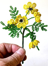 Vintage Small Bouquet Yellow Glass Beaded Flowers on Wires with Green Leaves