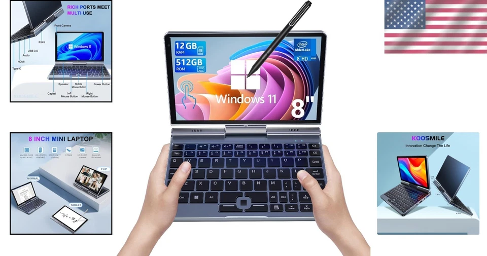Portable 2-in-1 Mini Laptop with 8-Inch Display - Windows 11 Pro, 512GB SSD - Image 2 of 4