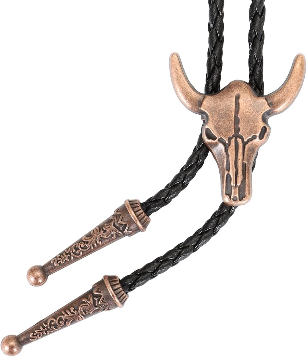 Western Vintage Bolo Tie for Men - Cow Skull Design Cowboy Tie - Black Leather B