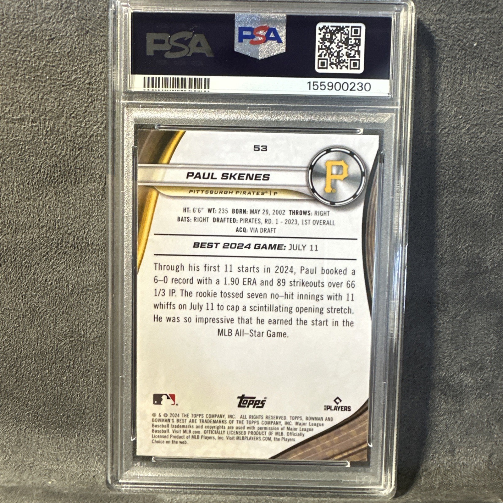 2024 Bowman's Best - Paul Skenes #53 Mini-Diamond Refractor /299 (RC) 🔥PSA 9🔥 view 2