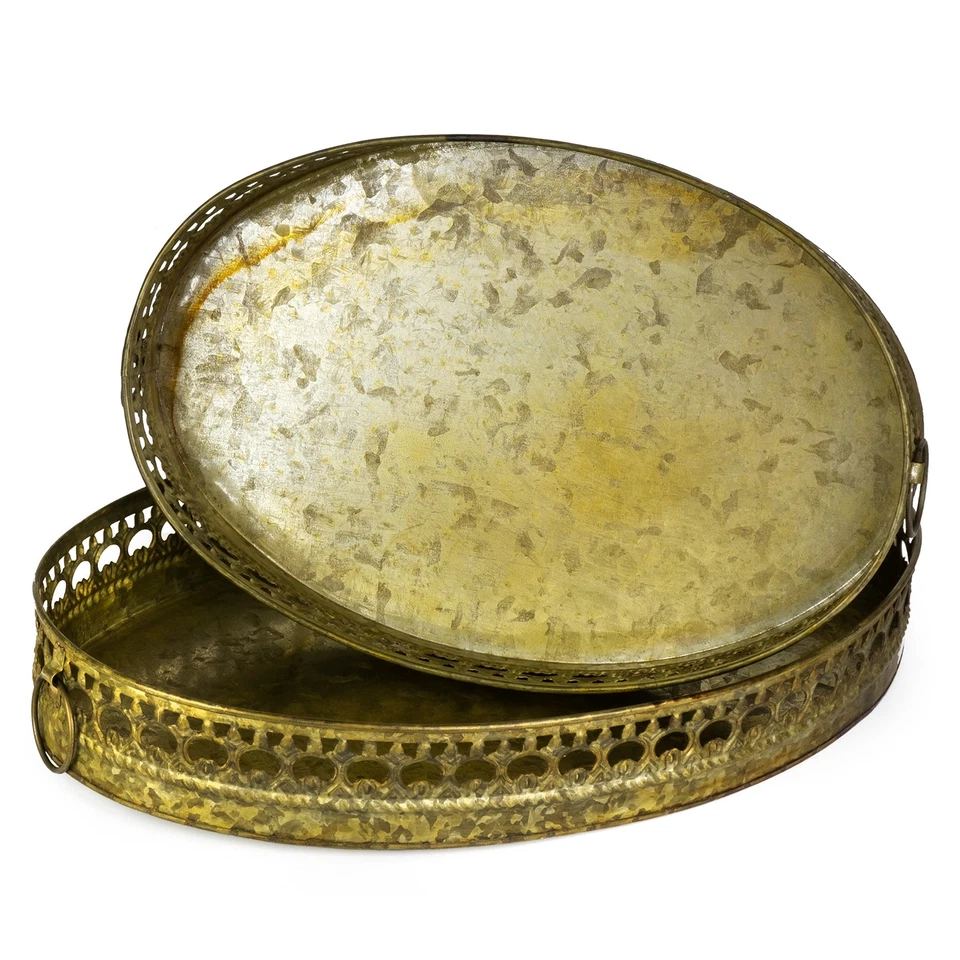 2er Set Ovales Metall Tablett Gold Antik Dekotablett Serviertablett Vintage - Bild 1 von 4