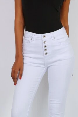 Skinny Damen Stretch Röhrenjeans mit Knopfleiste Weiß #H1816 - Bild 1 von 4