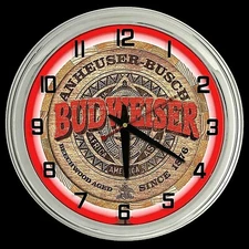 16" Budweiser Beer Keg Label Sign Red Neon Clock Man Cave Garage Bar