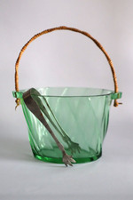 1930s Heisey Green Moongleam Twist ICE BUCKET w/ Original Tongs Uranium Glass