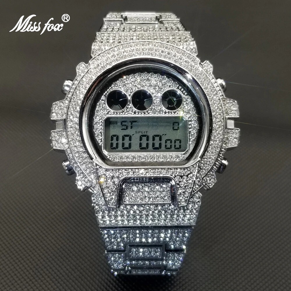 MISSFOX Mens Fully Ice Out Watch Digital Stainless Steel Silver