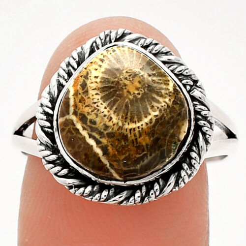 Natural Flower Fossil Coral 925 Sterling Silver Ring s.9 Jewelry R-1014 - Picture 1 of 5