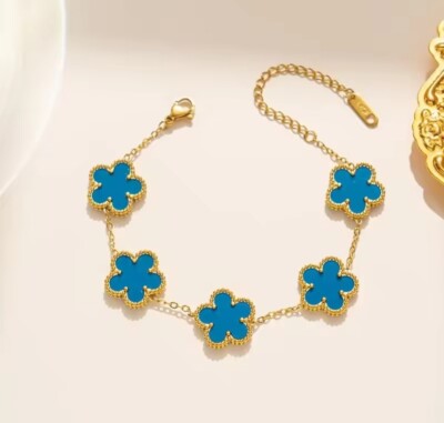 18K Gold Plated Blue Double Side 5 Leaf Clover  Bracelet Other Colors Available