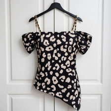 QUIZ Leopard Print Top Size 10 Black White Animal Print Asymmetric Hem Gold Chai