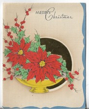 Vtg Christmas Greeting Card 4.25x5.5 Gold Foil Circle w/Red Poinsettias Berries