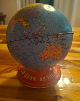 Vintage Tin Litho World Globe Metal Coin Bank Ohio Art Co Stopper Save Prosper