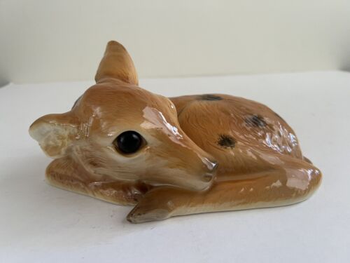 Vintage Baby Fawn Deer Painted Figurine Bambi Glazed Glass Eyes - Picture 1 of 9