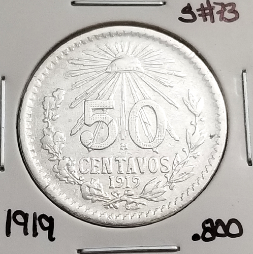 Mexico 50 Cents 1919 .800 Coin Silver KEY-DATE, moneda de Plata .800, ESCASA. - Picture 3 of 4