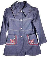 Vintage Girl's Denim Cotton Twill Button Up Coat 70s S/M Embellished Lightweight