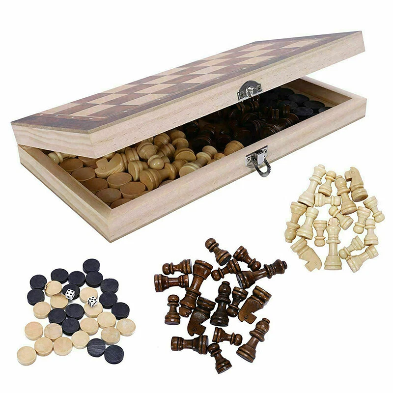 3in1-Large-FOLDING-WOODEN-CHESS-SET-Board-Game-Checkers-Backgammon-Draughts-Toy - Image 4 of 4