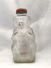 VINTAGE SNOW CREST BEVERAGES CLEAR GLASS BEAR BANK BOTTLE SALEM, MASS