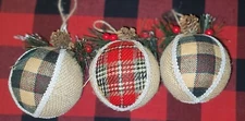 WINTER WONDER LANE RUSTIC COTTAGE SET OF 3 RED GREEN PLAID TREE ORNAMENTS