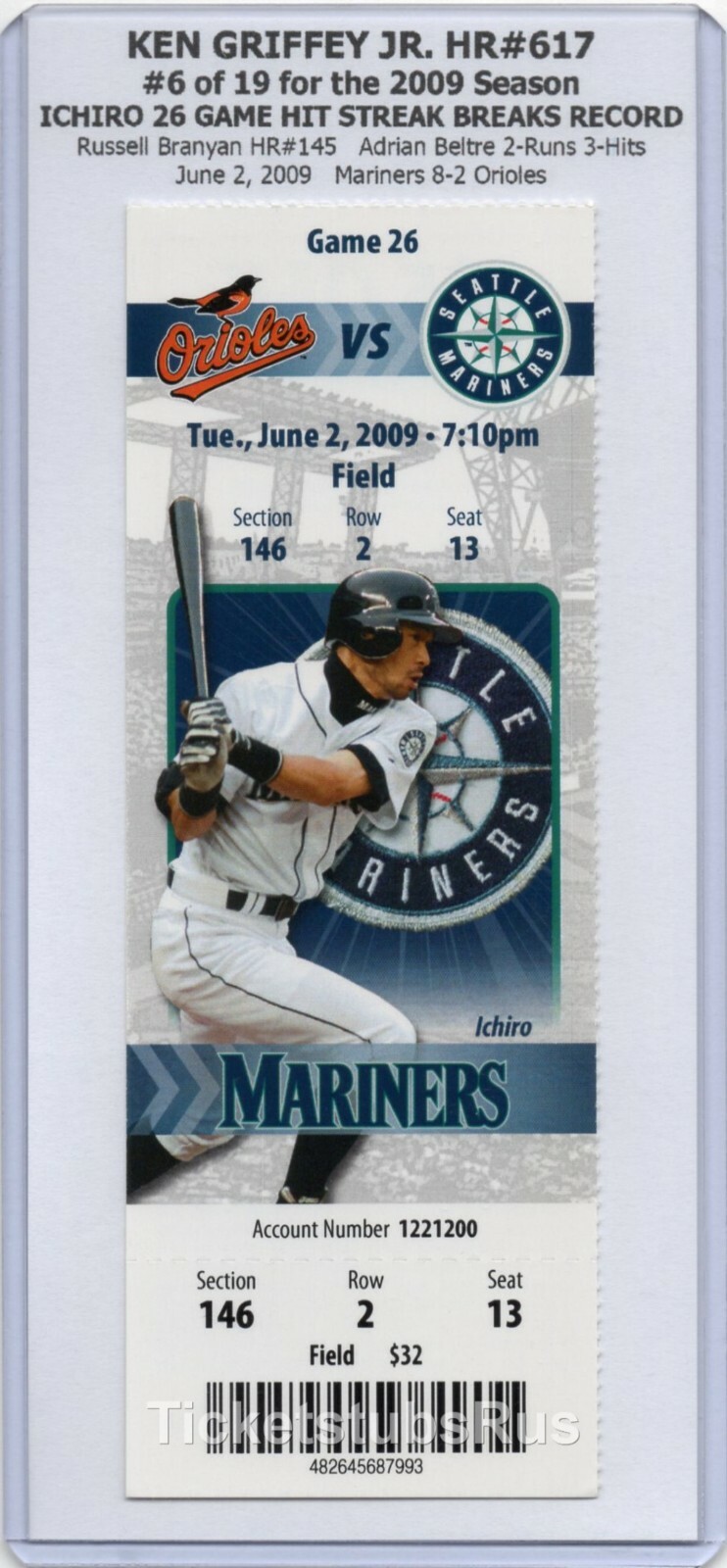 Ken Griffey Jr HR#617 ICHIRO BREAKS RECORD 2009 Mariners Orioles 6/2 Full Ticket-image