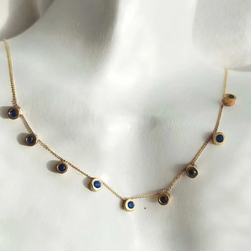 Pingente de colar feminino 16"" 3 quilates redondo simulado safira folheado a ouro amarelo 14K - Imagem 4 de 4