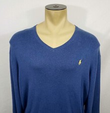 Mens Ralph Lauren Polo Pima Cotton blue v-neck pullover sweater size XL