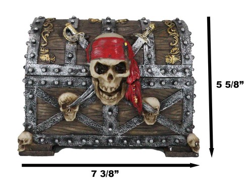 Large Caribbean Pirate Marauder Skull With Criss Cross Blades Treasure Chest Box - Picture 2 of 10