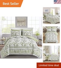 Elegant Floral King Size Comforter Set - 7-Piece Sage Green Bedding Ensemble