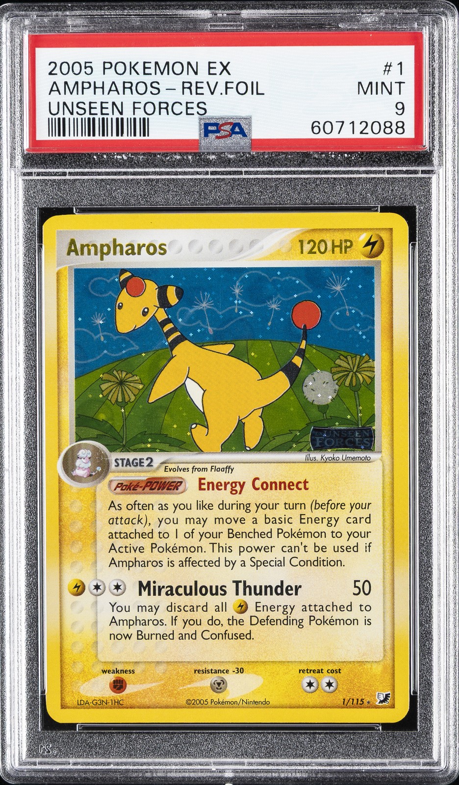 2005 POKEMON EX UNSEEN FORCES #1 AMPHAROS-REVERSE FOIL PSA 9