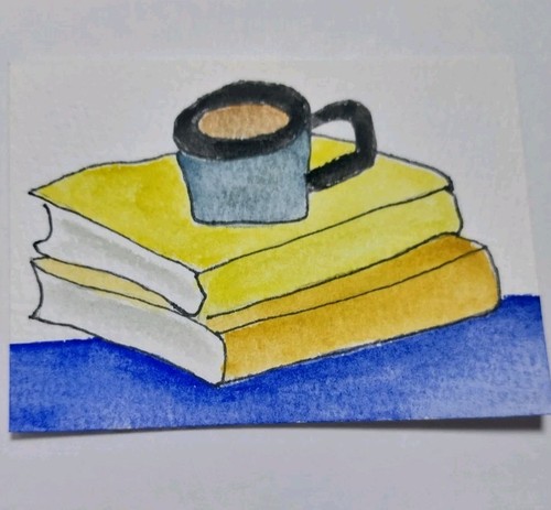 ACEO  Original Art Card ATC Watercolor OOAK Cup Tea Coffee Book  Painting GAT 