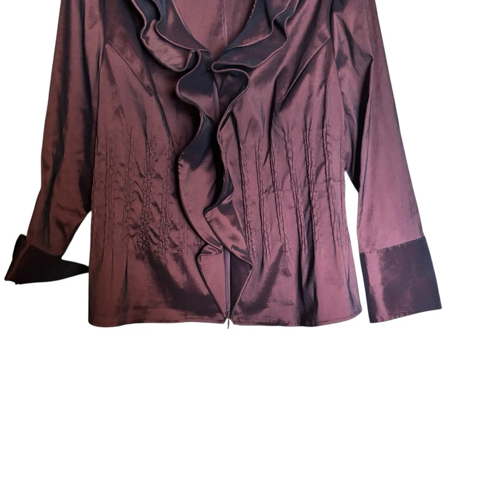 Blazer Samuel Dong Cremallera Mujer XL Marrón Tafetán Volantes Cuello Chaqueta Foto 4 de 4