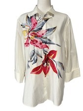 Chicos Womens Size 3 16 White Lily Floral No Iron Stretch Tunic Shirt NWT